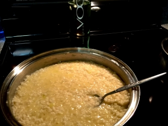 <p>Add 2 cups of Broth/White Wine mixture to rice, let the rice absorb and repeat.</p>